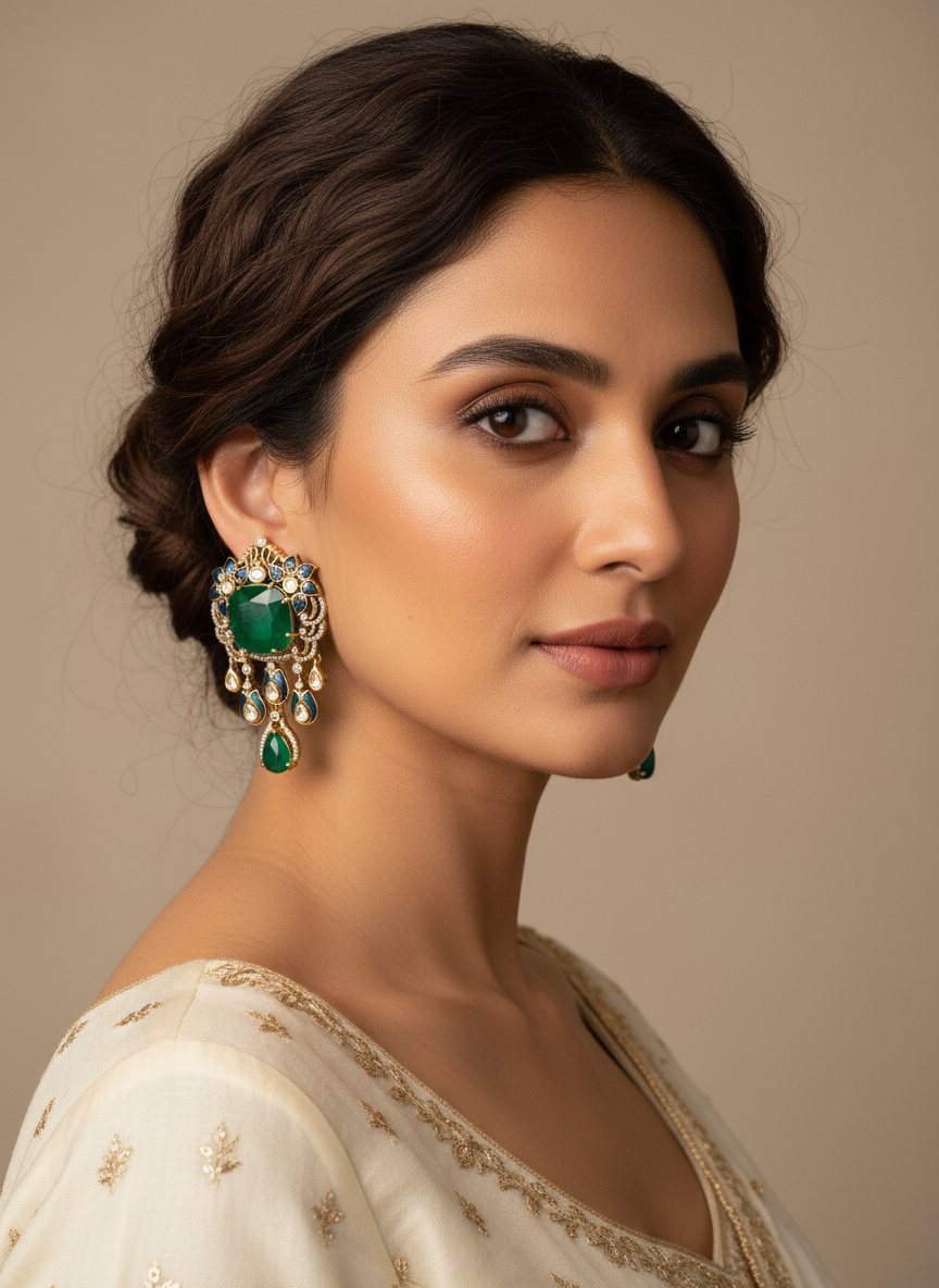 Contemporary Emerald & Blue Diamond Polki Earrings
