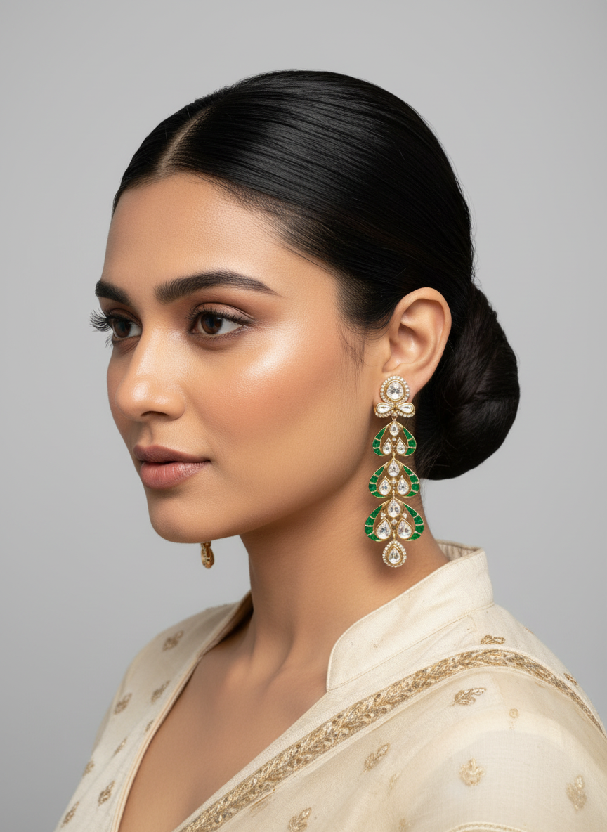 Polki emerald leaf drop danglers