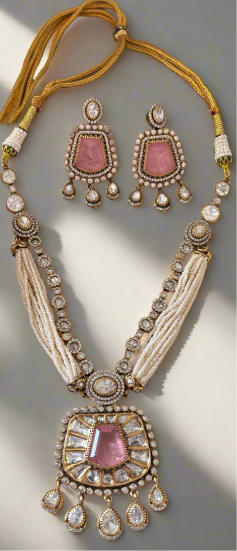 Victorian Pink stone & pearl Neckpiece & earrings