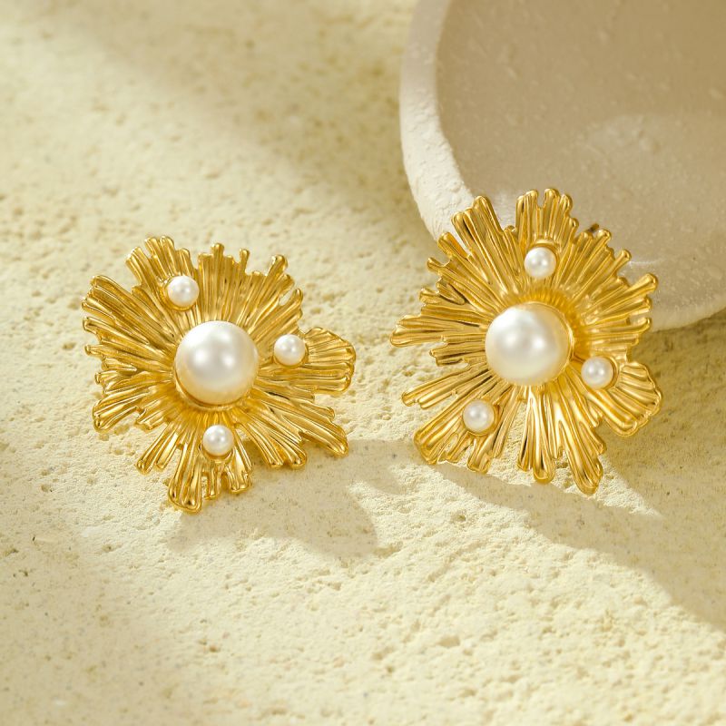 Pearl Flower Gold Statement Studs