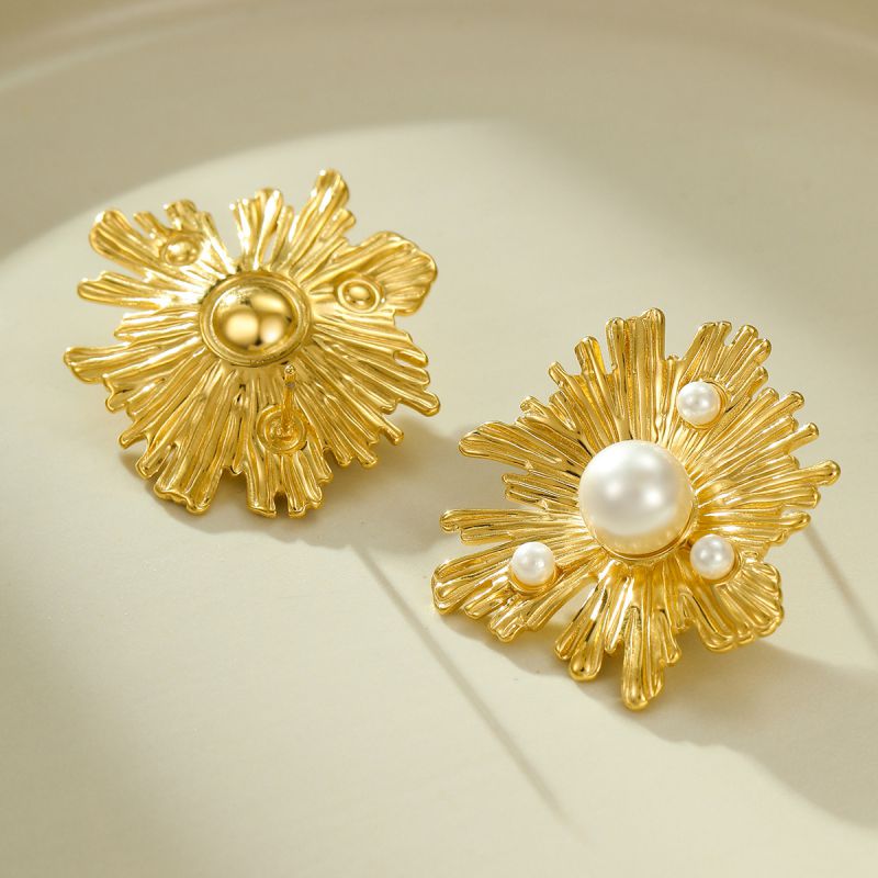 Pearl Flower Gold Statement Studs