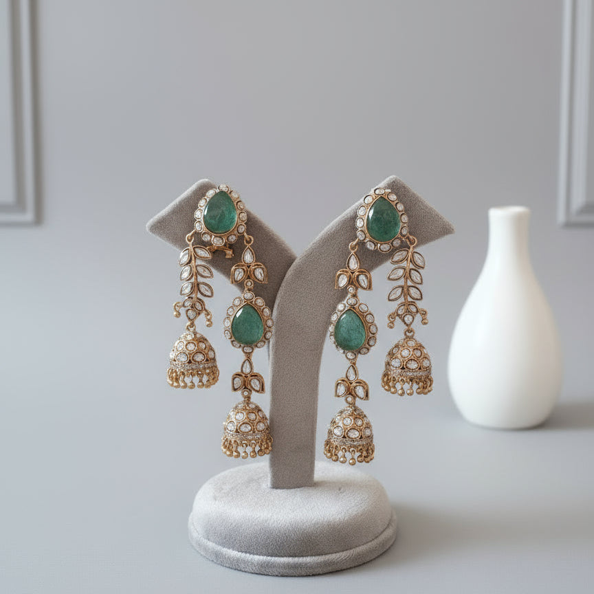 Emerald kundan gold statement jhumkas