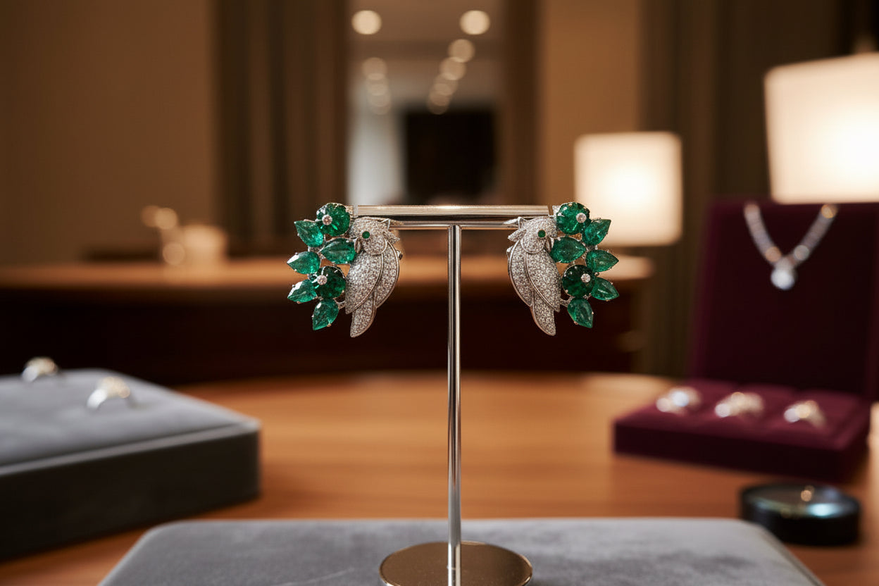 Emerald diamond statement bird studs