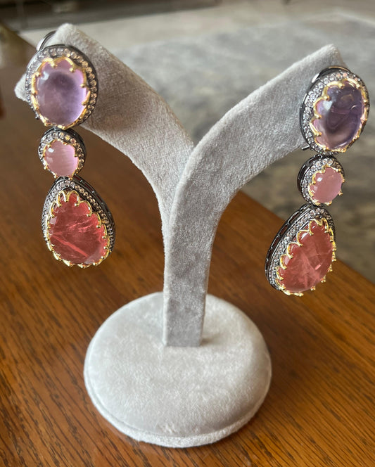 Luxury semi precious pink stone danglers