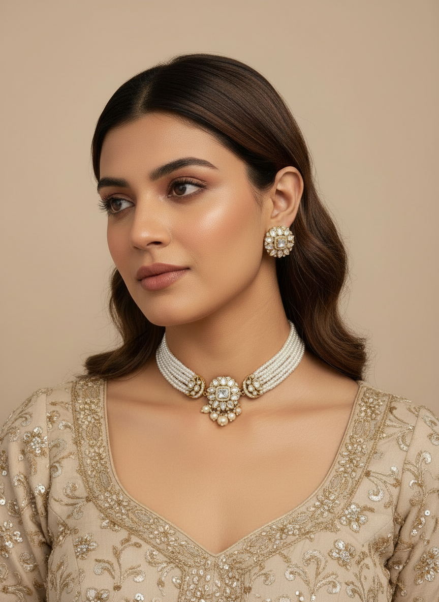 Pearl polki choker with studs