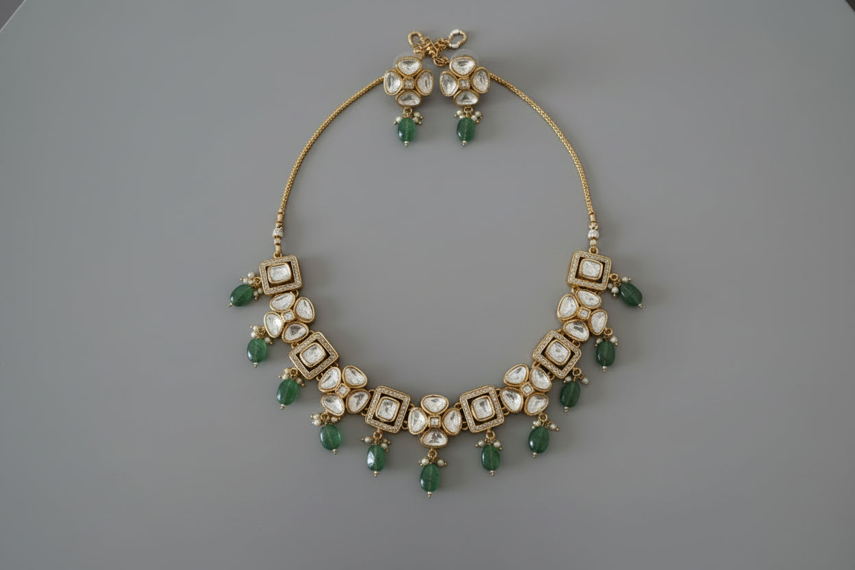 Polki mint green drop necklace & earrings