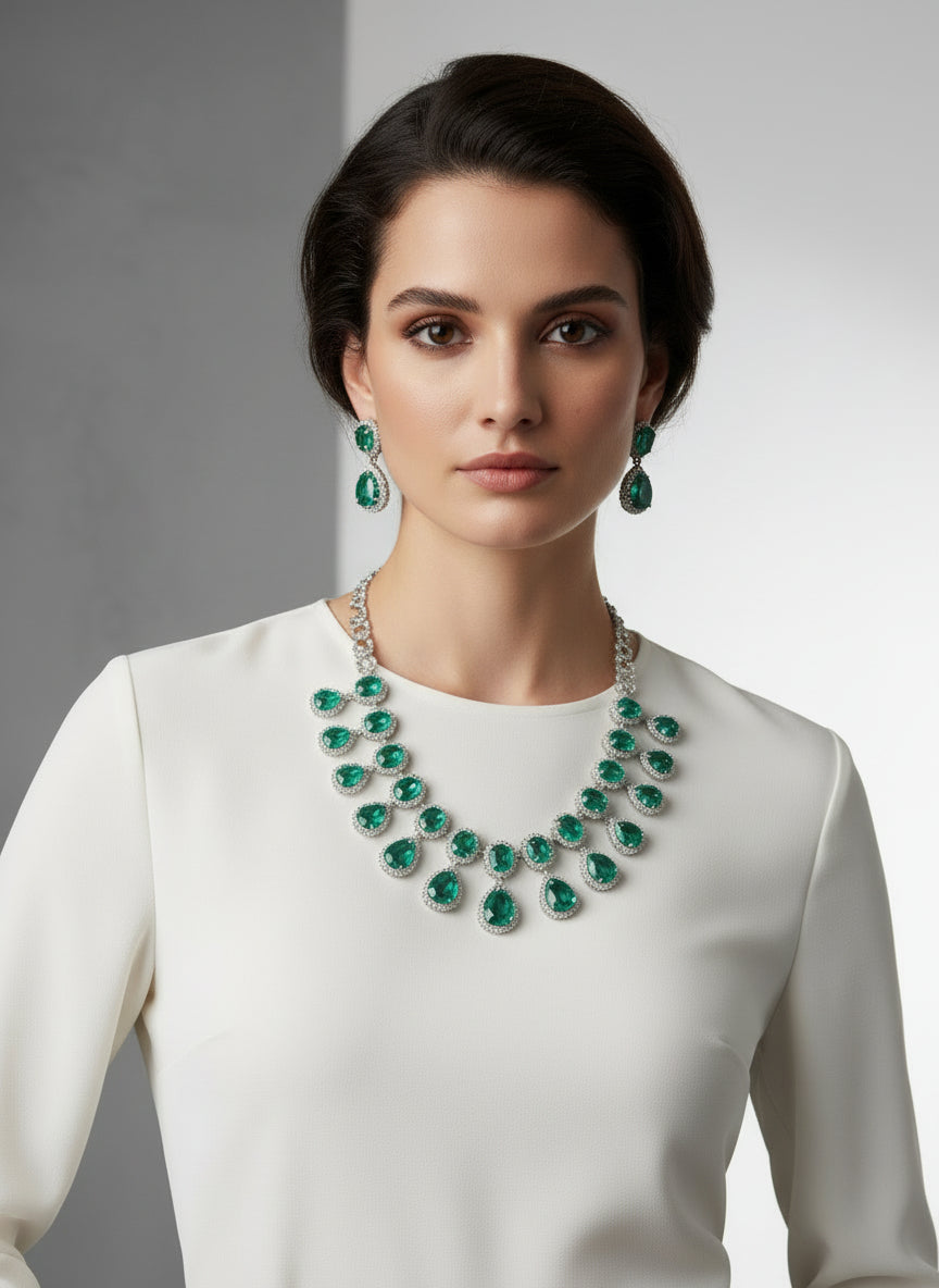 Green Cyrstal Statement Neckpiece & Earrings