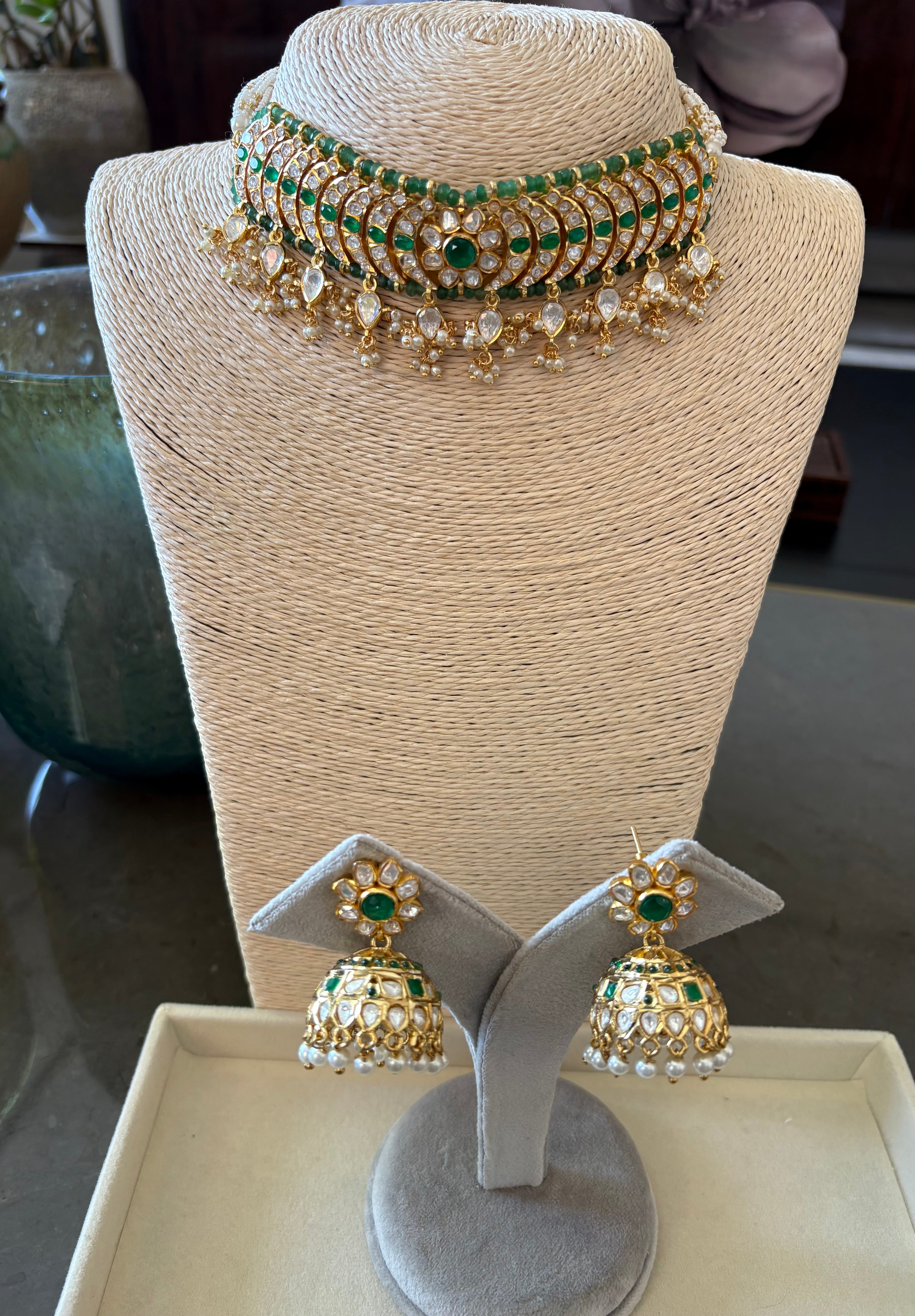 Emerald Polki Neckpiece with Jhumkas