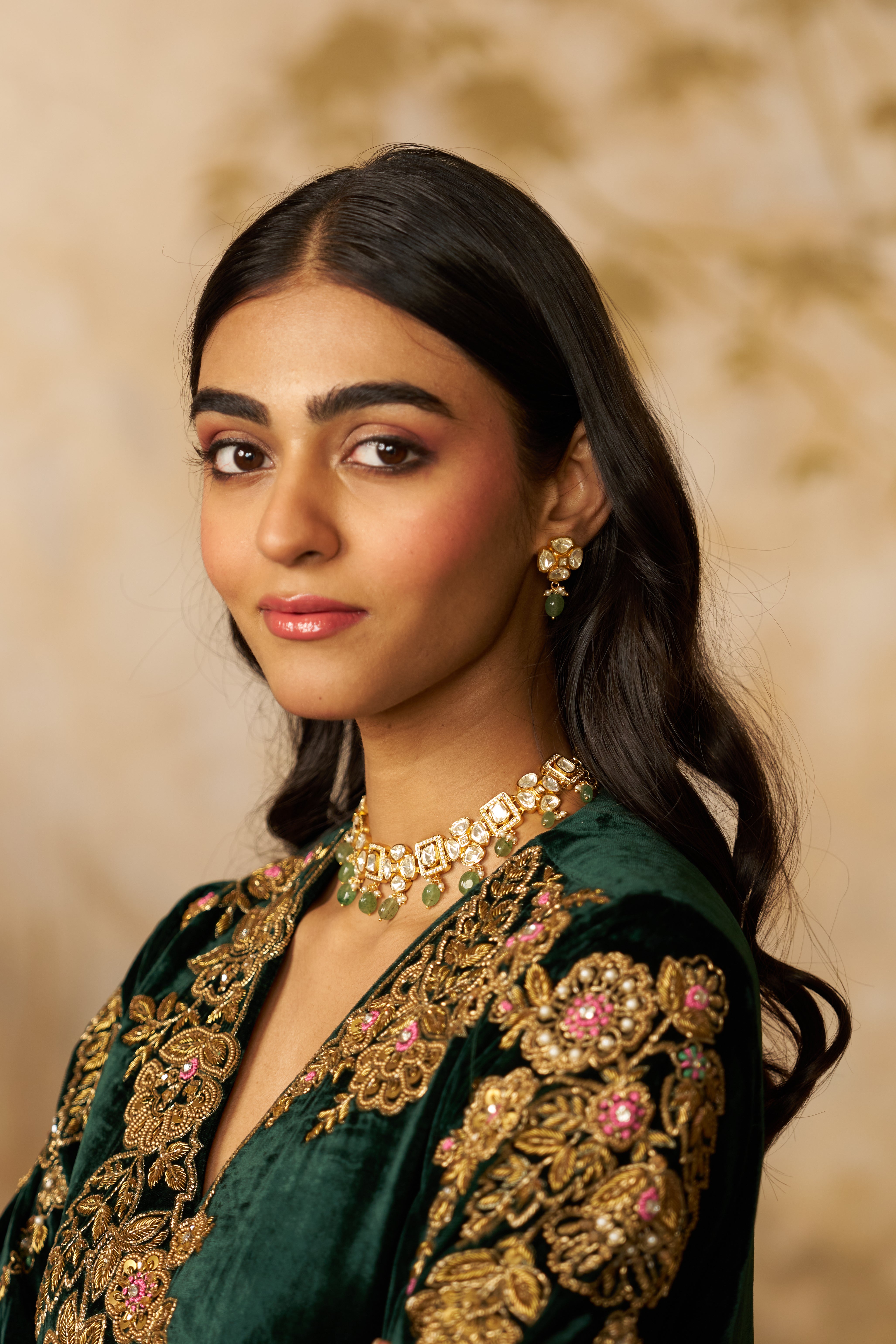 Polki mint green drop necklace & earrings