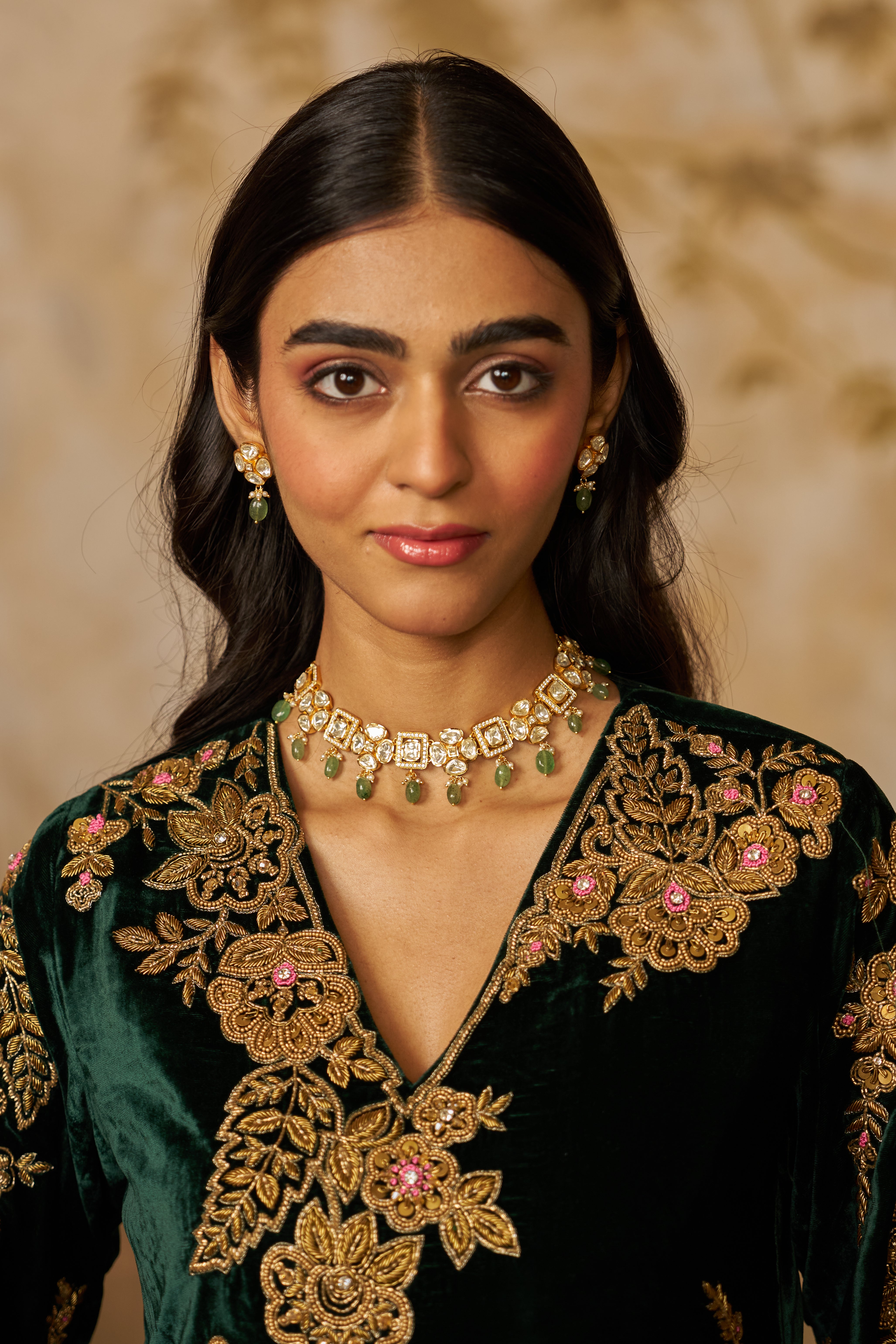 Polki mint green drop necklace & earrings