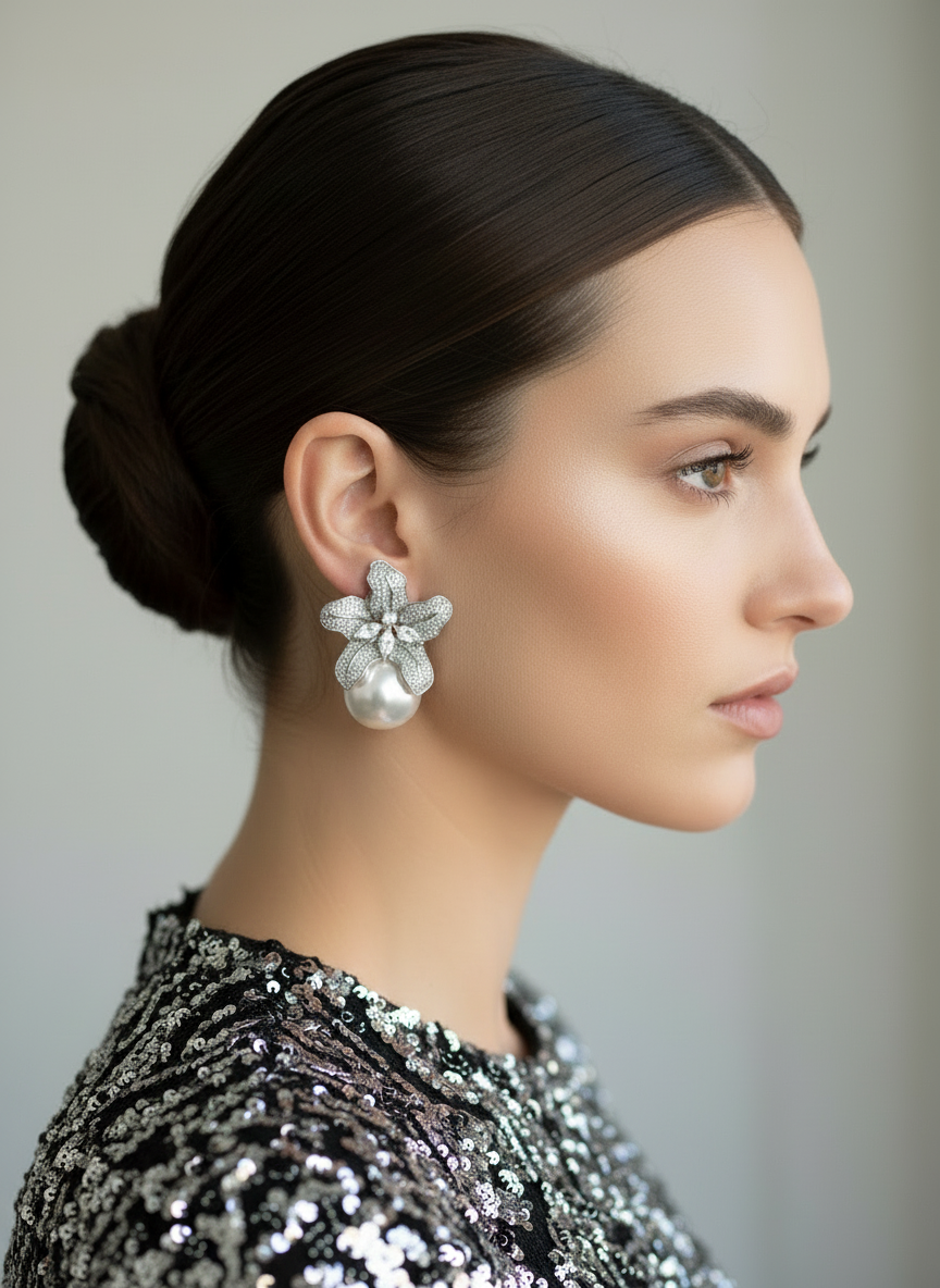 Pearl Drop Zircon Diamond Flower Earrings