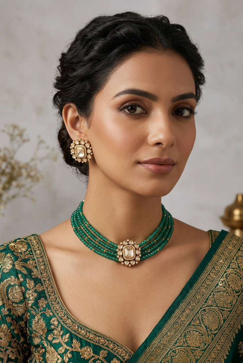 Emerald Polki Choker with Polki Studs