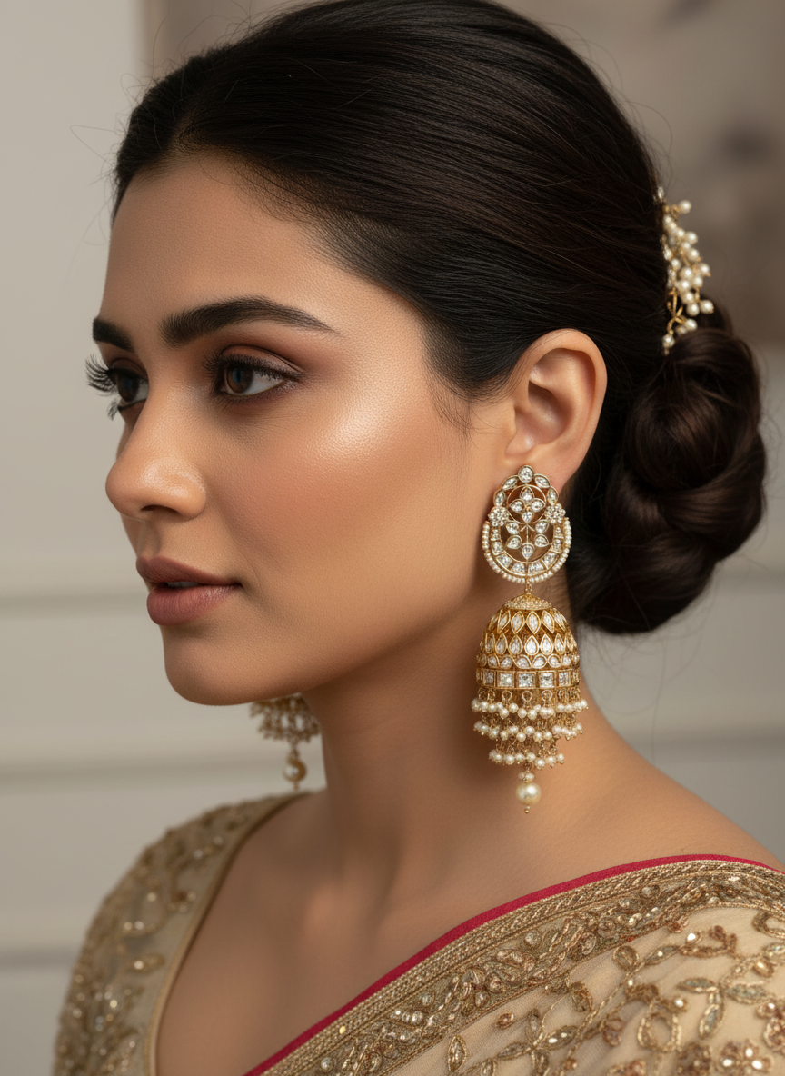 Pearl Polki Semi Precious Jhumkas