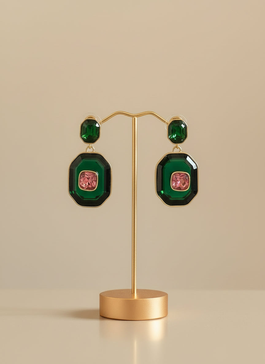 Green & pink crystal danglers