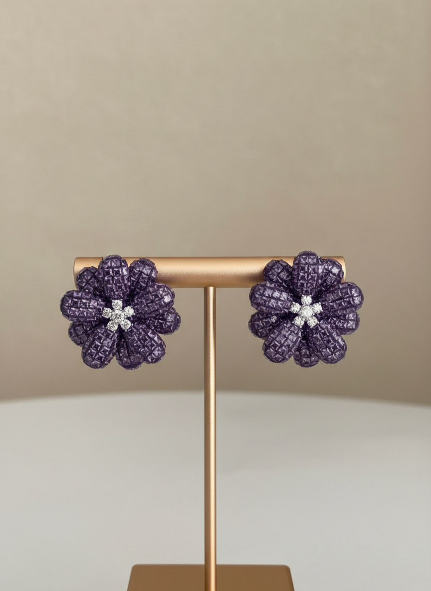 Purple Crystal Flower studs