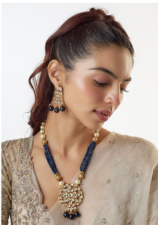 Kundan Pearl Blue Beaded Long Necklace Set
