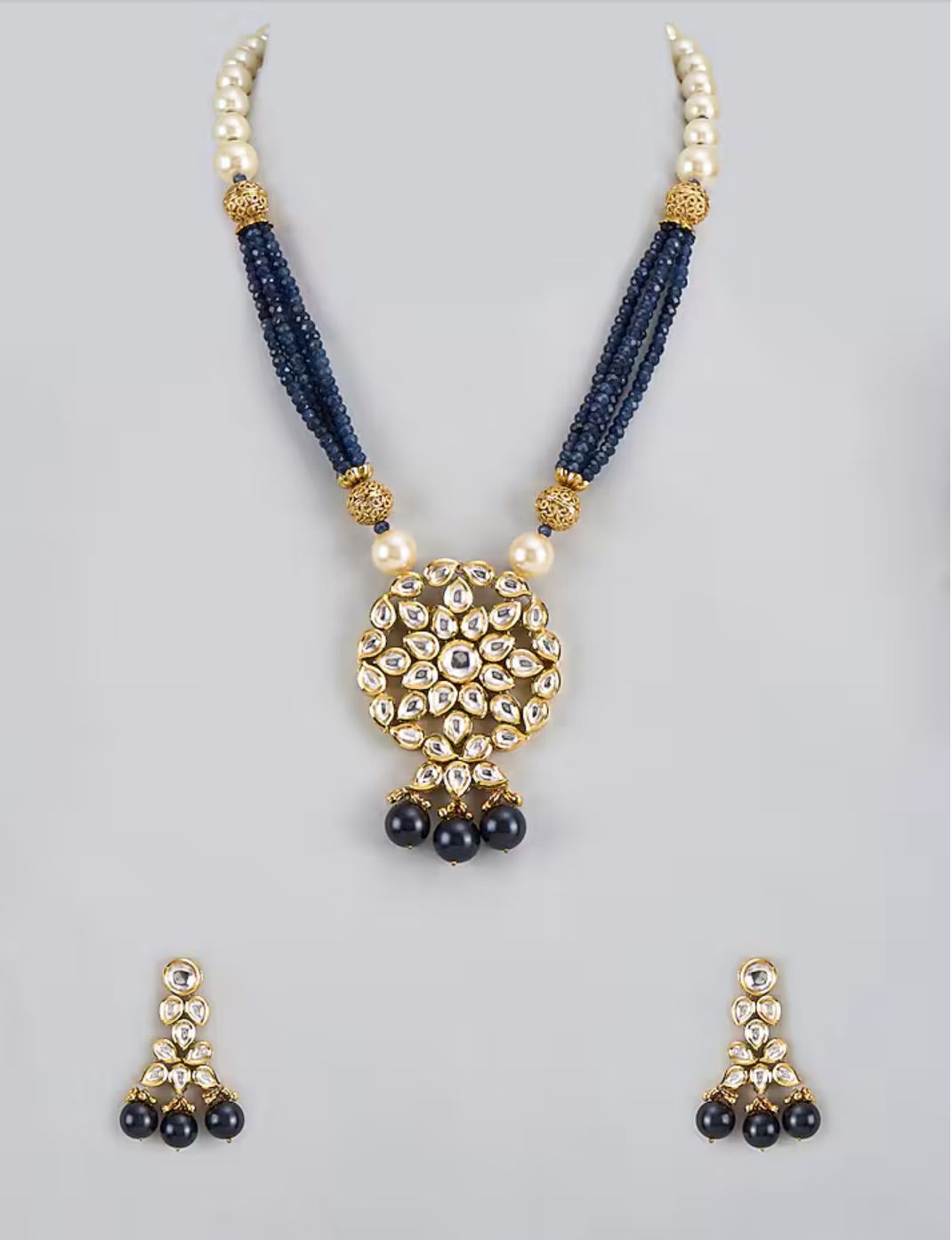 Kundan Pearl Blue Beaded Long Necklace Set