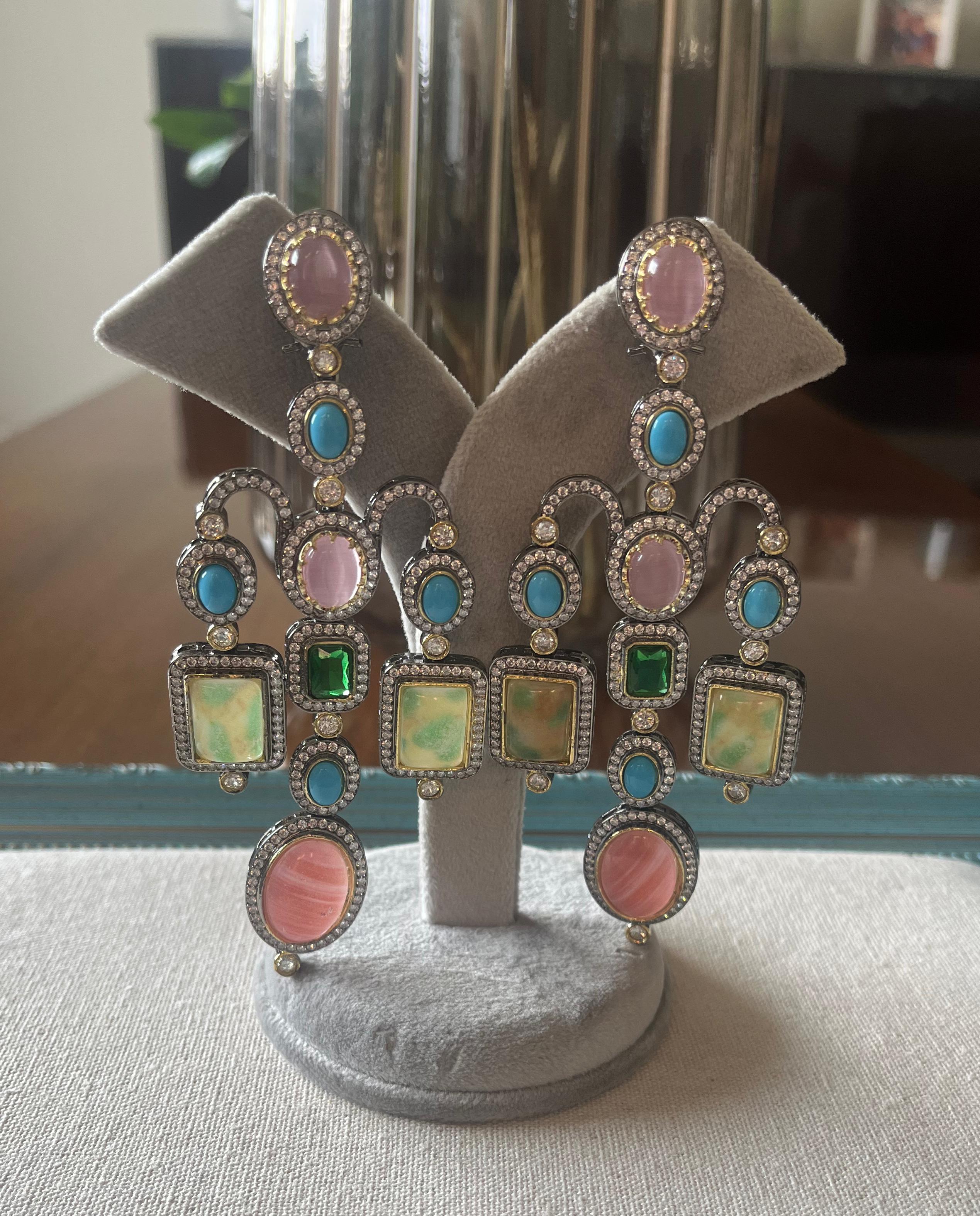 Handcrafted multi coloured stone earrings